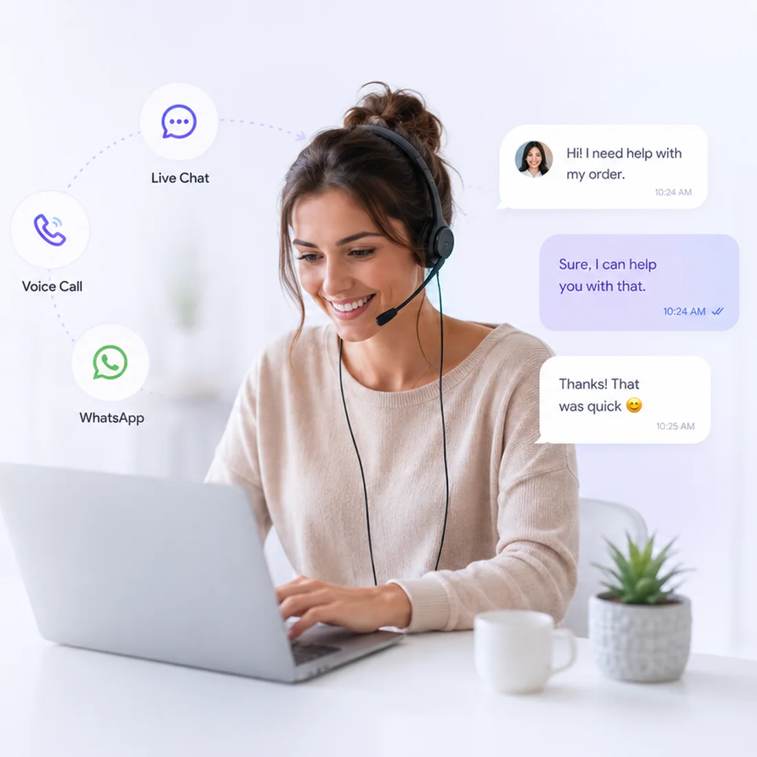 Support agent handling live chat, voice call and WhatsApp conversations with AI assistance